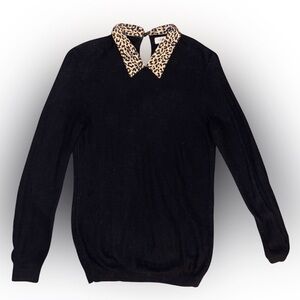 J. Crew Black Sweater with Leopard Print Collar